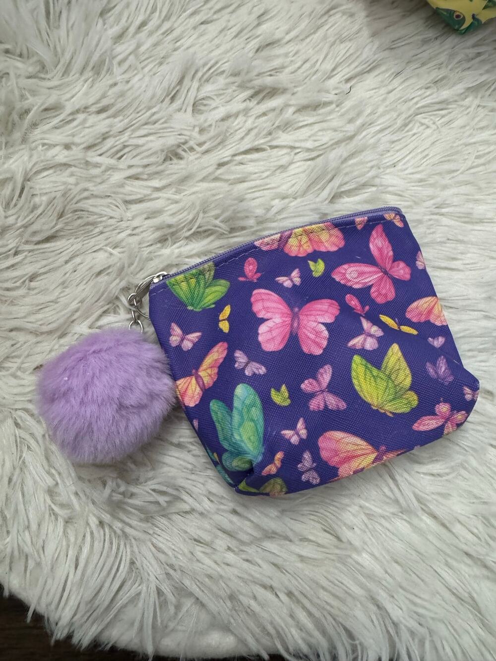 Purple butterfly coin purse keychain Pompom pink, green, and yellow butterflies